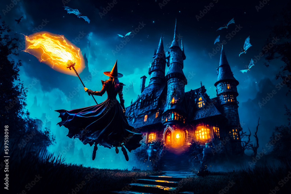 Aufkleber wizard flying in front of castle with fire in its hand. generative ai.