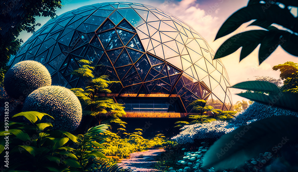 Poster futuristic building surrounded by trees and plants in the background is sunset. generative ai.