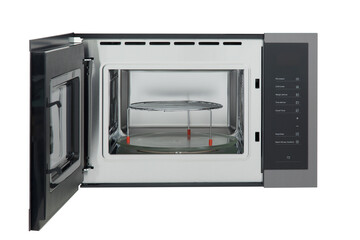 opened modern microwave isolated on white 