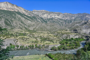 Fototapeta na wymiar Caucasus Mountains river valley near Kurmi village