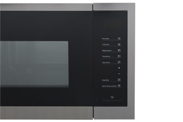 modern black stainless still microwave  control panel isolated on white