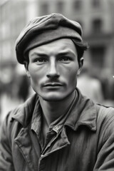 Fototapeta premium Haunted by battles past, a 19th-century, first and second WW, soldier's eyes bore an empty gaze, his face etched with fear, as he grappled with the weight of war. Generative AI