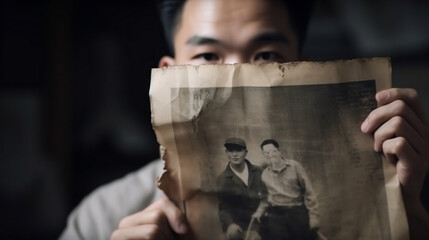 Family tree concept, dna, genes, ancestors. Asian man holds in his hands an old vintage photo of his grandfather, relatives. AI generated