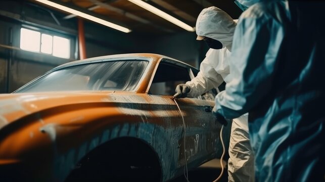 Car Painter in Protective Suit Preparing a Car in Garage: An AI-Generated Image