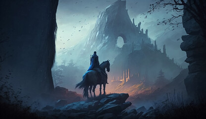 A painting of a man riding a horse in front of a castle. Generative Ai