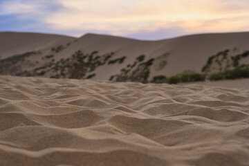 Closeup sand of Sarykum dune at sunset