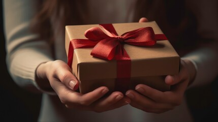Girl’s Hands Holding a Gift Box with Ribbon: An AI-Generated Image