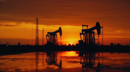 Obraz premium Sunset over an oil field with a plant and a pump jack (AI generated image)