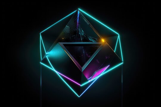 3d illustration of neon icosahedron with a fiery neon core, surrounded by a web of pulsing neon lines and patterns