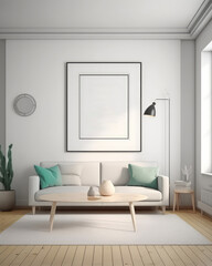 Naklejka na ściany i meble minimalist drawing room with blank wall art mockup . Generative AI