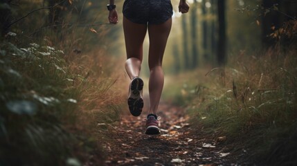 Sporty girl running on a forest trail for health and fitness (AI generated image) - obrazy, fototapety, plakaty