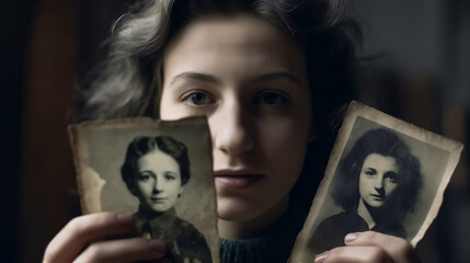 Family tree concept, dna, genes, ancestors. A woman holds in her hands an old vintage photo of her grandmother, relatives. AI generated