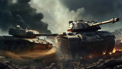 Two tanks on the battlefield. Military conflict