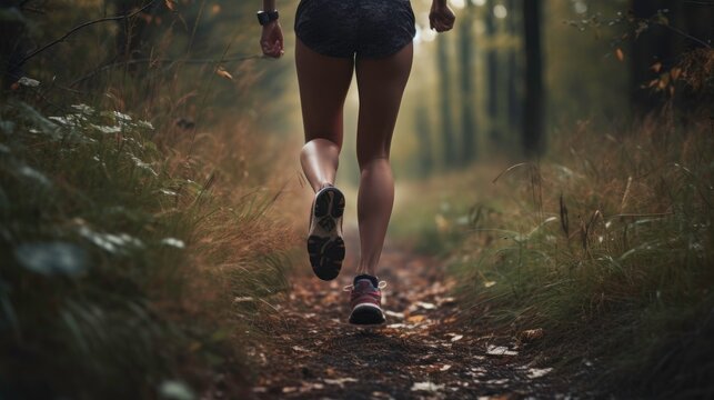 Sporty girl running on a forest trail for health and fitness (AI generated image)