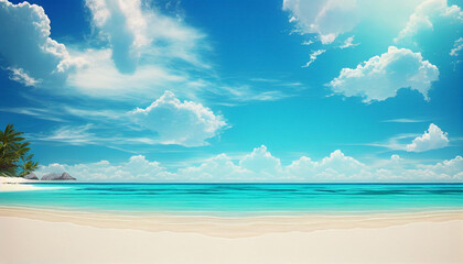 A beach with a blue sky and clouds. Generative Ai