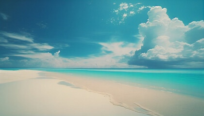 A beach with a blue sky and clouds. Generative Ai