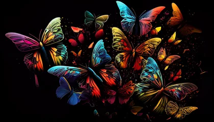 Schilderijen op glas Beautiful abstraction from bright butterflies on a black background © ArturSniezhyn