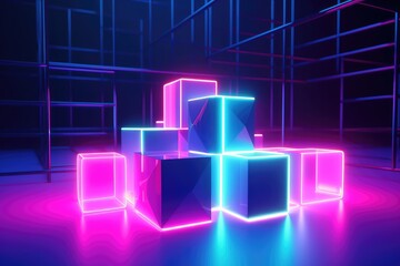 3d illustration neon cubes nestled among other geometric shapes, each glowing in a different neon hue