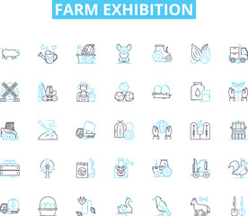 Fototapeta premium Farm exhibition linear icons set. Agriculture, Cattle, Farming, Livestock, Machinery, Tractors, Harvest line vector and concept signs. Crop,Produce,Barn outline illustrations Generative AI