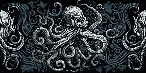 AI Generated. AI Generative. Engraving retro vintage style octopus woodcut linocut illustration. Graphic Art