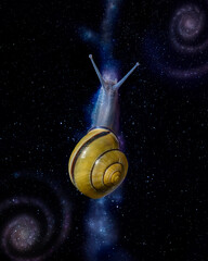 Snail in outer space on a dark background of starry space, abstract concept of space exploration,...