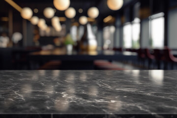 Fototapeta na wymiar restaurant and kitchen interior with blurred background with empty marble table with free space for product display and mockup, copy space, small depth of field, ai generated – human enhanced