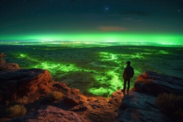 Obraz premium Post apocalypse concept. Alone figure at night standing on a cliff, looking out over a vast with ruins 