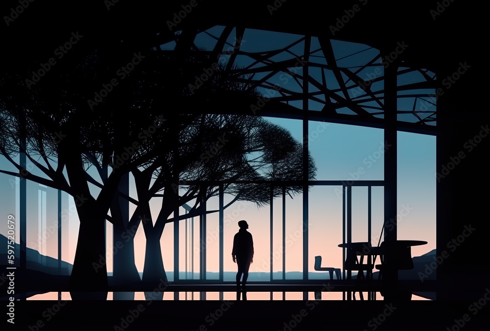 Poster a person standing in front of a large window. ai generative.