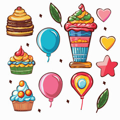 a set of bright cakes and balloons for birthday decoration