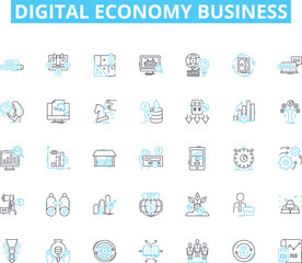 Digital economy business linear icons set. Innovation, E-commerce, Startup, Cryptocurrency, Blockchain, Automation, Big data line vector and concept signs. Cybersecurity,Internet,Mobile outline