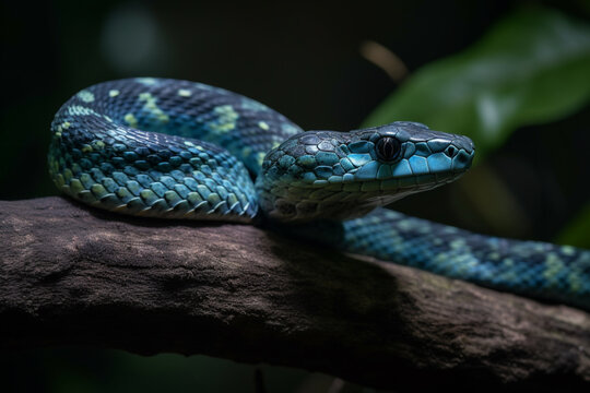 Blue Insularis on a tree branch. Trimeresurus insularis is a venomous viper and a species endemic to Indonesia. Ai generative