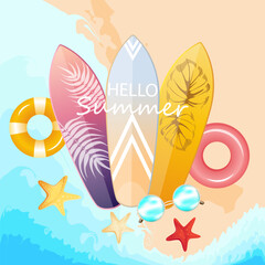 Hello, summer.Summer background with surfboards, starfish,swimming rings, sunglasses. Background with sea and beach.Vector illustration.