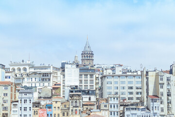 Fototapeta na wymiar Galata tower photo with a clear blue sky, View of İstanbul. Represent Turkish architectur and culture.