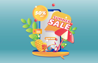 online shopping Summer sale banner up to 50 % off in phone and element summer  design for banner social media website vector