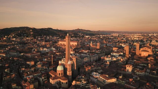 bologna city centre downtown aerial shot drone of old town at sunrise dawn,high wide panoramic view
