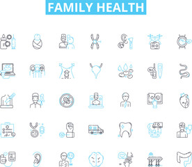 Family health linear icons set. Nutrition, Exercise, Hygiene, Sleep, Vaccines, Prevention, Medicine line vector and concept signs. Checkups,Therapy,Diagnosis outline illustrations Generative AI
