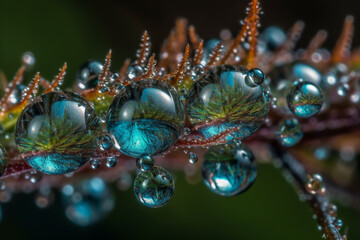 Macro of beautiful round dewdrops on grass with reflection. Ai generative