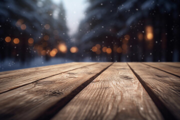 Naklejka na ściany i meble winter wonderland with falling snow and lights, bokeh, blurred background with empty wooden table with free space for product display and mockup, copy space, small depth of field, ai generated