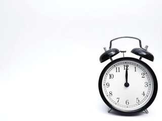 Black retro alarm clock at 12 o clock on a white background with space to add text