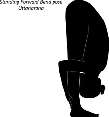 Flat black silhouette of young woman practicing yoga, doing Standing Forward Bend pose or Uttanasana. Standing and Forward Bend. Beginner. Vector illustration isolated on transparent background.