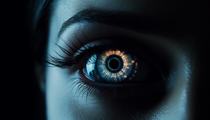 Blue iris staring, close up of woman eye generated by AI