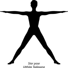 Flat black silhouette of young woman practicing yoga, doing Star pose or Five Pointed Star pose or Utthita Tadasana. Standing and Neutral. Vector illustration isolated on transparent background.