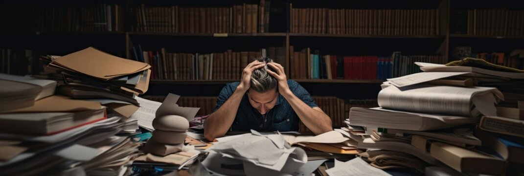 Person surrounded by piles of books, trying to cram for an exam or finish a project at the last minute, feeling stressed, concept of Cognitive overload, created with Generative AI technology