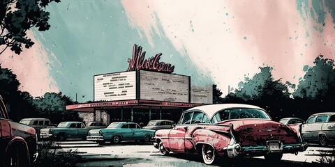 Rose-Tinted Memories: A Nostalgic Drive-In Theater in Watercolor and Ink