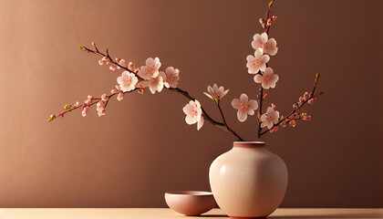 Sakura cherry blossom branch in ceramic vase on nice background table Ai generated image