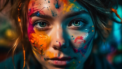 Obraz premium Vibrant beauty young woman colorful face paint generated by AI