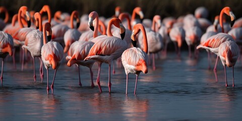 A group of flamingos wading through a shallow lagoon, concept of Avian behavior, created with Generative AI technology