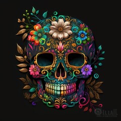 Colorful Sugar Skull on Black Background with Watercolor and Glossy Accents