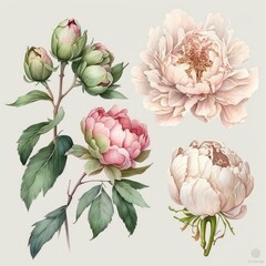 Watercolor Peonies on White Background