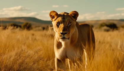 Majestic lion walking in African wilderness area generated by AI